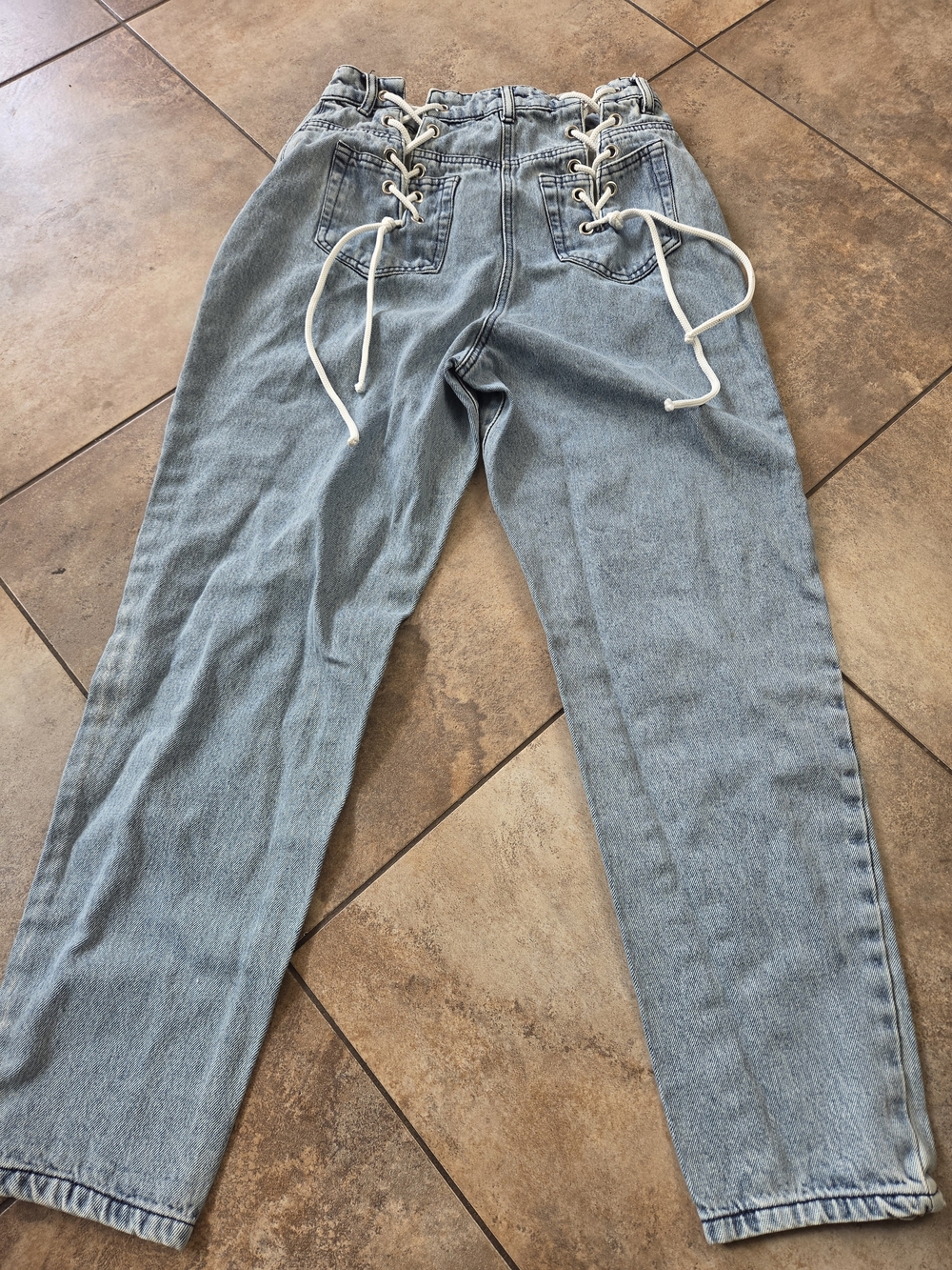 PrettyLittleThing Light Blue Lace-Up High Waist Straight Leg Jeans